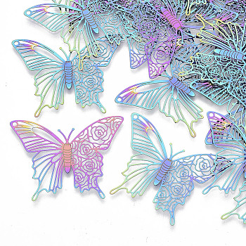 Ion Plating(IP) 304 Stainless Steel Filigree Pendants, Etched Metal Embellishments, Butterfly, Rainbow Color, 31x40x0.3mm, Hole: 1.4mm