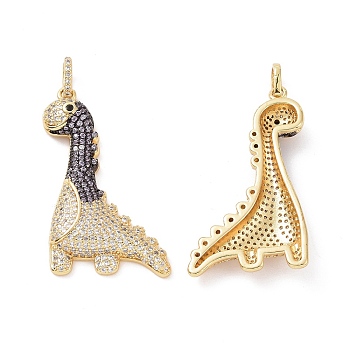 Brass Micro Pave Cubic Zirconia Pendants, Dinosaur Charm, Real 18K Gold Plated, Clear, 39x22x5mm, Hole: 3.5x4mm
