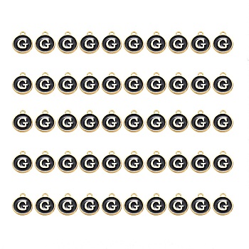 Golden Plated Alloy Charms, with Enamel, Enamelled Sequins, Flat Round, Black, Letter.G, 14x12x2mm, Hole: 1.5mm, 50pcs/Box