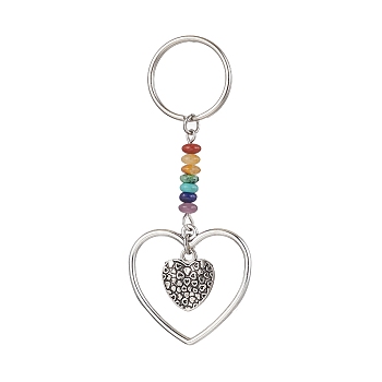 Heart Alloy Pendant Keychain, with Chakra Gemstone Chip and Iron Split Key Rings, Heart, 7.4cm