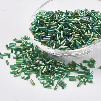 Glass Bugle Beads, Transparent Colours Rainbow, Lime Green, 12x2mm, Hole: 0.5mm, about 5000pcs/bag