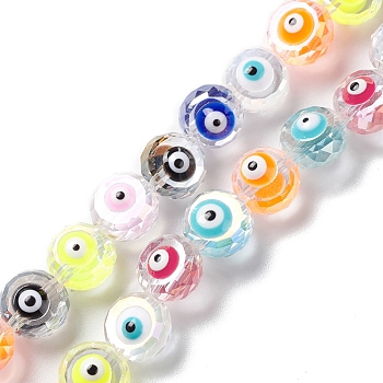 Transparent Evil Eye Glass Beads Strands, with Enamel, Faceted, Flat Round, Mixed Color, 10x8~8.5mm, Hole: 1.4mm, about 40pcs/strand, 14.57''(37cm)