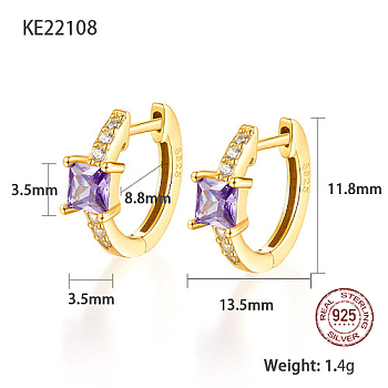 Real 18K Gold Plated 925 Sterling Silver Hoop Earrings, Square Cubic Zirconia Earrings, with S925 Stamp, Lilac, 11.8x13.5mm