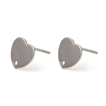 Heart Shape 201 Stainless Steel Stud Earrings Findings, with 304 Stainless Steel Pins & Hole, Stainless Steel Color, 9x10mm, Hole: 1.2mm, Pin: 0.7mm