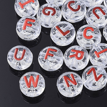Plating Transparent Acrylic Beads, with Glitter Powder, Metal Enlaced, Horizontal Hole, Flat Round with Letter, Red, 10x6mm, Hole: 1.8mm