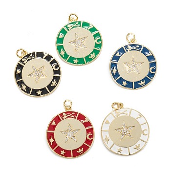 Brass Micro Pave Cubic Zirconia Pendants, with Enamel and Jump Ring, Flat Round with Star, Real 18K Gold Plated, Mixed Color, 26x23.5x2mm, Hole: 3mm, Jump Ring: 5x0.8mm