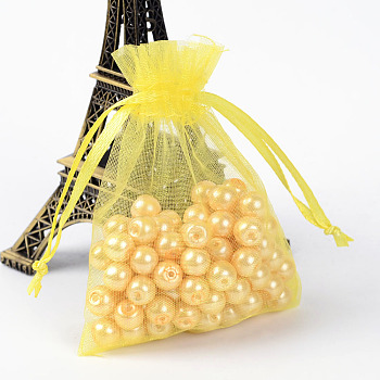 Organza Gift Bags with Drawstring, Jewelry Pouches, Wedding Party Christmas Favor Gift Bags, Yellow, 9x7cm