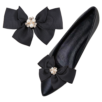 Polyester Bowknot Shoe Decorations, Iron & Plastic Imitation Pearl Detachable Shoe Buckle Clips, Black, 76x98x24mm