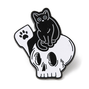 Halloween Theme Alloy Enamel Brooch, Pin for Backpack Clothes, Skull, Cat Shape, 30.5x25.5x1.5mm