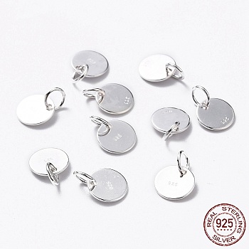925 Sterling Silver Pendants, Flat Round Charms, with 925 Stamp, Silver, 8x0.6mm, Hole: 2mm
