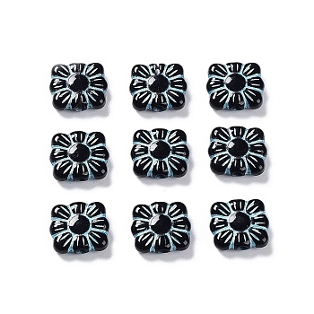 Opaque Acrylic Beads, Metal Enlaced, Square with Flower Pattern, Black, 9.5~10x10.5~11x3.5mm, Hole: 1.6mm, about 1990pcs/500g