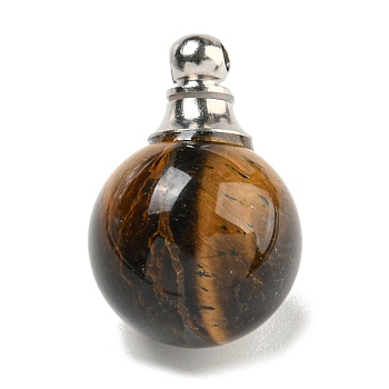 Natural Tiger Eye Perfume Bottle Pendants, with 304 Stainless Steel Findings, Round, 25x16mm, Hole: 2mm