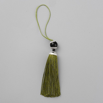 Polyester Tassel Big Pendants Decorations, with Acrylic Beaded and Platinum Alloy Findings, Dark Olive Green, 188mm