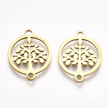 201 Stainless Steel Links connectors, Laser Cut Links, Flat Round with Tree of Life, Golden, 19x14.5x1mm, Hole: 1.5mm