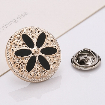 Plastic Brooch, Alloy Pin, with Enamel, for Garment Accessories, Round with Flower, Black, 18mm