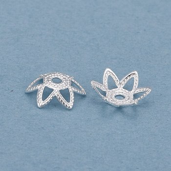 Brass 6-Petal Bead Caps, Long-Lasting Plated, Flower, Silver, 7x2.5mm, Hole: 1.2mm