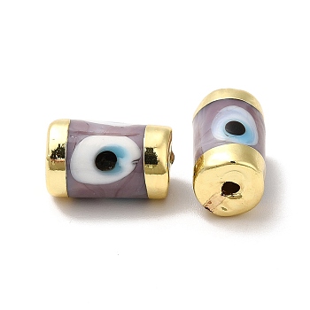 Handmade Evil Eye Lampwork Beads, with Light Gold Tone Brass Findings, Long-Lasting Plated, Lead Free and Cadimum Free, Column, Thistle, 14.5~15x9~9.5mm, Hole: 1.8mm