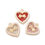 Alloy Rhinestone Pendants, with ABS Plastic Imitation Pearl Bead, Golden Tone Heart with Bowknot Charms, Mixed Color, 17x16x3mm, Hole: 1.8mm(ALRI-E006-02LG)