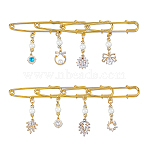 8Pcs Iron Kilt Pins, with Brass Micro Pave Clear Cubic Zirconia Pendants Findings & Glass Pearl Bead, Golden, 45~50mm(JEWB-FH00010)