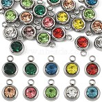 20Pcs 303 Stainless Steel Rhinestone Charms, Birthstone Necklace Charms, Flat Round, Stainless Steel Color, Mixed Color, 8.5x6x3mm, Hole: 1.5mm(STAS-YW0001-17)