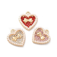 Alloy Rhinestone Pendants, with ABS Plastic Imitation Pearl Bead, Golden Tone Heart with Bowknot Charms, Mixed Color, 17x16x3mm, Hole: 1.8mm(ALRI-E006-02LG)