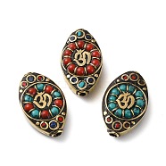 Handmade Tibetan Style Beads, with Brass Findings and Synthetic Turquoise, Antique Golden, Horse Eye with Ohm/Aum Pattern, Mixed Color, 29x18x8mm, Hole: 2mm(KK-G473-01AG)