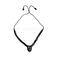 Natural Amethyst Oval Pendant Necklace, Braided Wax Strings Choker Necklaces, 25.83 inch(65.6cm)(NJEW-K258-01E)