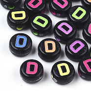 Opaque Black Acrylic Beads, Horizontal Hole, Flat Round with Mixed Color Letter, Letter.D, 7x4mm, Hole: 1.6mm, about 3600pcs/500g(MACR-N008-17D)