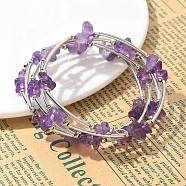 Natural  Amethyst Chip Warp Bracelets, Steel Bracelet Memory Wire with Brass Tube Beads and Iron Round Beads, Platinum, 53mm(BJEW-JB01517-02)