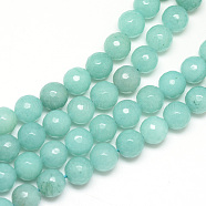 Natural White Jade Bead Strands, Dyed, Faceted, Round, Medium Aquamarine, 8~9mm, Hole: 1mm, about 46pcs/strand, 14.76~14.96 inch(37.5~38cm)(X-G-R346-8mm-17)