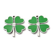304 Stainless Steel Enamel Charms, Clover Charms, Stainless Steel Color, Green, 14.5x15x1.5mm, Hole: 1mm(STAS-L022-001P)