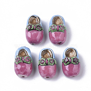 Handmade Porcelain Beads, Famille Rose Style, Shoes, Hot Pink, 20.5x12x10.5mm, Hole: 1.4mm(PORC-N004-31)