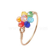 Flower Glass Finger Rings, Copper Wire Wrapped Ring for Women, Colorful, Inner Diameter: 20mm(RJEW-JR00713-01)