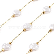 Ion Plating(IP) 304 Stainless Steel Paperclip Chains, Soldered, with ABS Imitation Pearl Beads, Flat Round, Real 18K Gold Plated, 8x8.5x3.5mm, about 16.40 Feet(5m)/Roll(CHS-P018-02C-G)