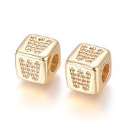 Brass Micro Pave Cubic Zirconia European Beads, Horizontal Hole, Large Hole Beads, Long-Lasting Plated, Cube with Letter, Golden, Clear, Letter.W, 9x9x9.5mm, Hole: 4.5mm(ZIRC-G162-13G-W)