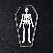 Printed Acrylic Pendants, for Halloween, Coffin with Skeleton Charm, Clear, 45x24x3mm, Hole: 1.8mm(MACR-F072-12A)
