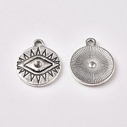 Alloy Pendants Rhinestone Setting, Flat Round with Eyes, Antique Silver, Fit for 2.5mm Rhinestone, 19x16x2mm, Hole: 2mm(PALLOY-WH0067-57AS)