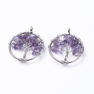 Natural Amethyst Pendants, with Brass Findings, Flat Round with Tree of Life, Platinum, 29x5~7mm, Hole: 4.5mm(G-E419-03P)