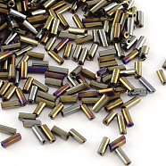 Tube Plated Glass Bugle Beads, Iris Round, Multi-color Plated, 4~4.5x2mm, Hole: 1mm, about 1556pcs/50g(X-SEED-R011-702)