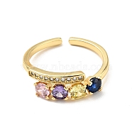 Cubic Zirconia Open Cuff Ring, Real 18K Gold Plated Brass Jewelry for Women, Cadmium Free & Lead Free, Midnight Blue, US Size 5 1/2(16.1mm)(RJEW-E046-01G-01)