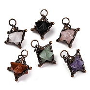 Natural Mixed Gemstone Merkaba Star Pendants, Brass Star Charms with Jump Rings, Red Copper, 36x30x24mm, Hole: 7mm(G-C144-01R)