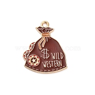 Western Cowboy Theme Alloy Enamel Pendants, Golden, Money Bag with Word Wild Western, 27x21.5x1mm, Hole: 2mm(FIND-V001-04G-06)