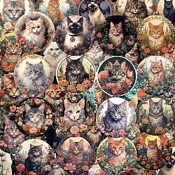 50Pcs PVC Self-Adhesive Cat Cartoon Stickers, Waterproof Round Dot Kitten Decals for Kid's Art Craft, Bottle, Luggage Decor, Mixed Color, 52.1x52.2mm(STIC-PW0021-02)
