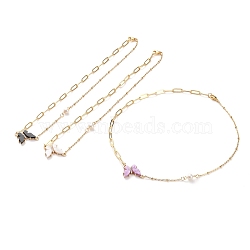 Brass Micro Pave Cubic Zirconia Butterfly Pendant Necklaces, with Resin, Natural Pearl Beads, Brass Paperclip Chains, 304 Stainless Steel Cable Chains and Lobster Claw Clasps, Golden, Mixed Color, 17-1/8 inch(43.5cm)(NJEW-JN03239)