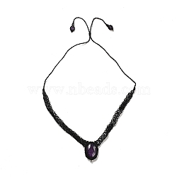 Natural Amethyst Oval Pendant Necklace, Braided Wax Strings Choker Necklaces, 25.83 inch(65.6cm)(NJEW-K258-01E)