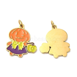 Halloween Ion Plating(IP) 304 Stainless Steel Pendants, with Enamel and Jump Ring, Golden, Human with Pumpkin Charm, Orange, 16x14x1mm, Hole: 2.6mm(STAS-D066-05G)