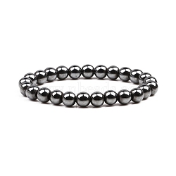 Non-magnetic Synthetic Hematite Beaded Stretch Bracelet, Round, Inner Diameter: 2-3/8 inch(6cm)(PW-WG98097-03)