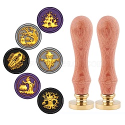 6Pcs 6 Patterns Brass Wax Seal Stamp, with 2Pcs Pear Wood Handle, for DIY Scrapbooking, Mixed Patterns, 2.5x1.45cm(AJEW-CP0004-29B)