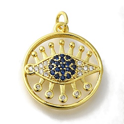 Rack Plating Brass Micro Pave Cubic Zirconia Pendant, with Jump Rings, Lead Free & Cadmium Free, Long-Lasting Plated, Flat Round with Eye, Golden, 22x19x5mm(KK-H485-16G)