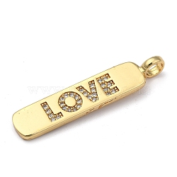 Brass Micro Pave Clear Cubic Zirconia Pendants, Long-Lasting Plated, for Valentine's Day, Rectangle with Word Love, Real 18K Gold Plated, 33x7x2mm, Hole: 3mm(X-ZIRC-A013-22G)